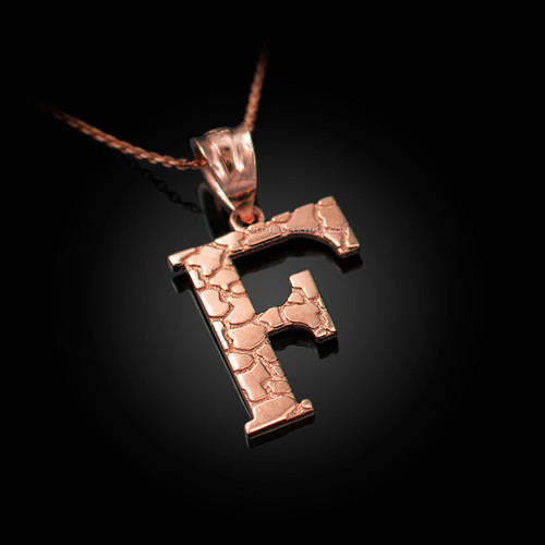 Rose Gold Nugget Initial Letter "F" Pendant Necklace