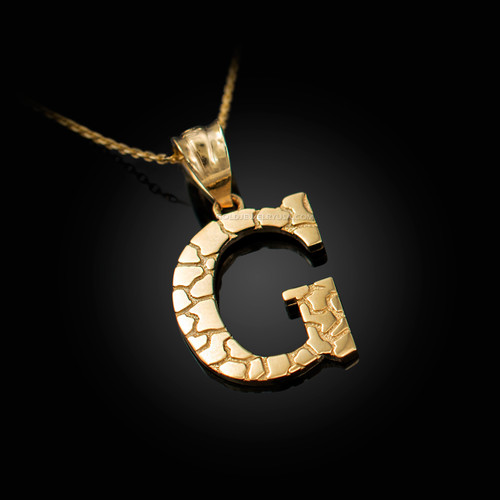 Yellow Gold Nugget Initial Letter "G" Pendant Necklace