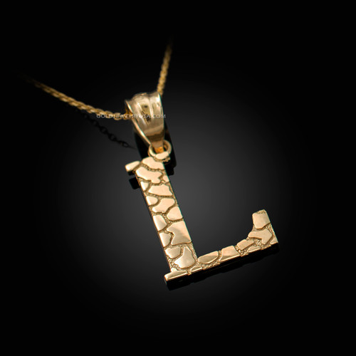 Yellow Gold Nugget Initial Letter "L" Pendant Necklace