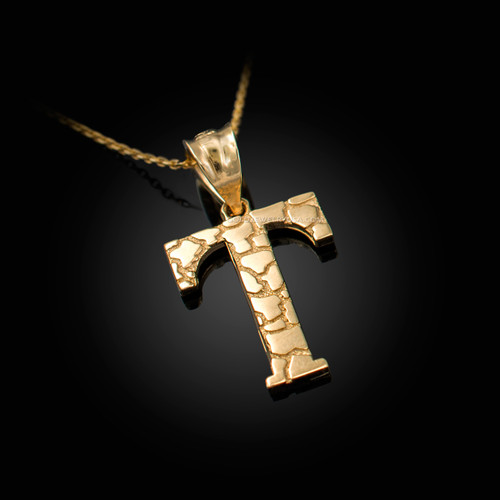 Yellow Gold Nugget Initial Letter "T" Pendant Necklace