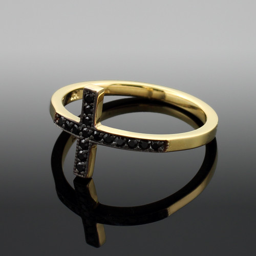 Gold Sideways Cross Ring with Black Diamonds