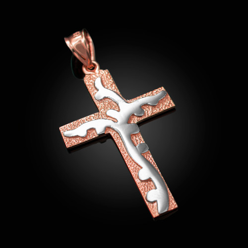 Two-Tone Rose Gold Flaming Cross Pendant