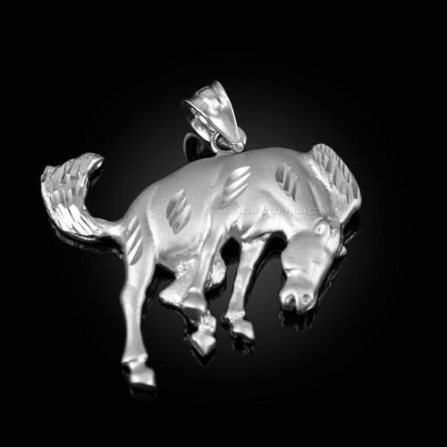 White Gold Bucking Stallion Horse Satin DC Pendant