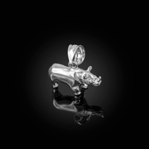 Polished White Gold Rhino Charm Necklace