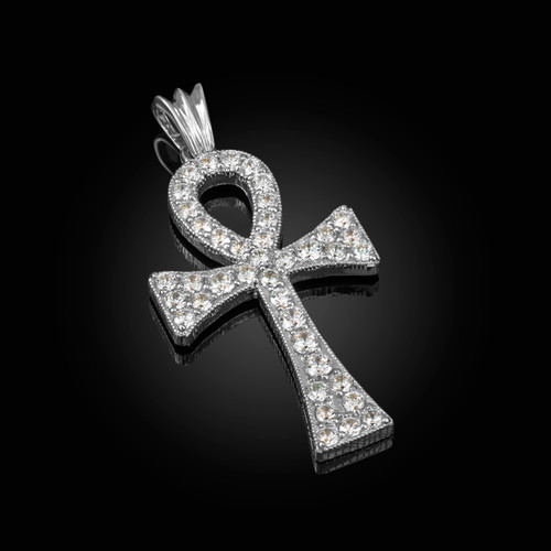White Gold Egyptian Ankh Cross CZ Pendant