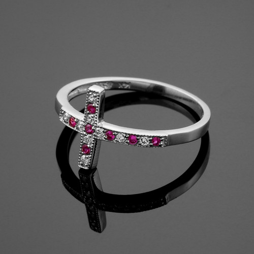 White Gold Diamond Sideways Cross Ring with Rubies