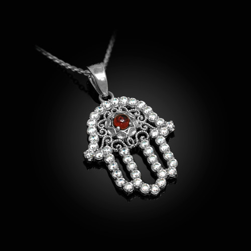 Diamond Studded White Gold Filigree Genuine Garnet Hamsa Charm Necklace