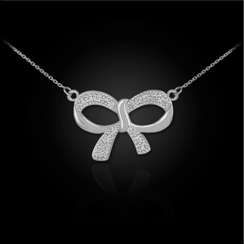 14K Polished White Gold Diamond Bow Necklace