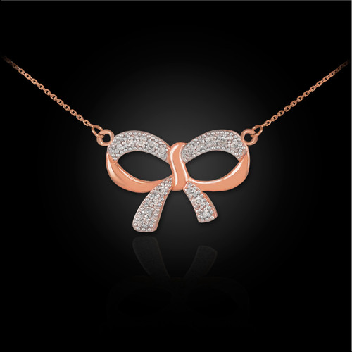 14K Polished Rose Gold Diamond Bow Necklace