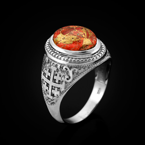 White Gold Jerusalem Cross Orange Copper Turquoise Statement Ring