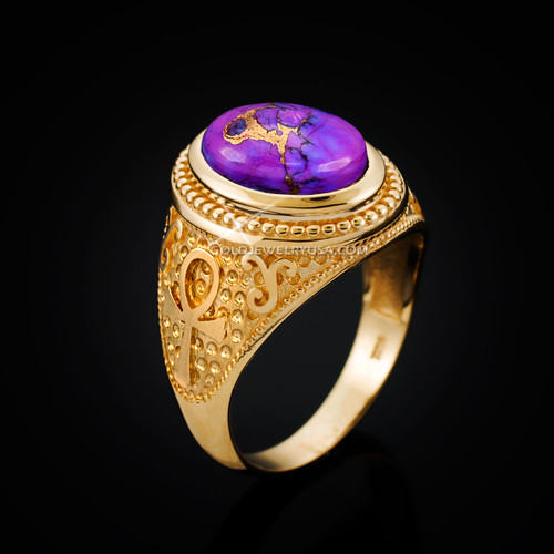 Yellow Gold Egyptian Ankh Cross Purple Copper Turquoise Ring
