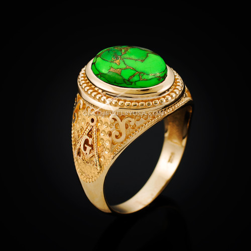 Yellow Gold Masonic Green Copper Turquoise Statement Ring