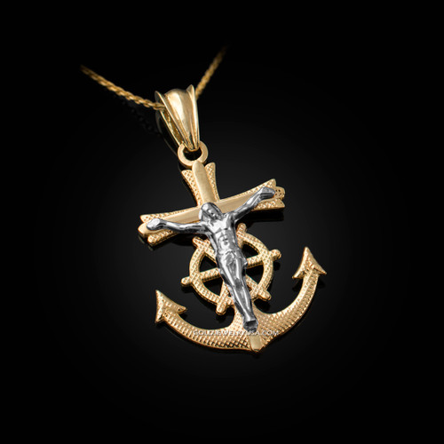Two-Tone Yellow and White Gold Mariner Crucifix Cross Pendant Necklace