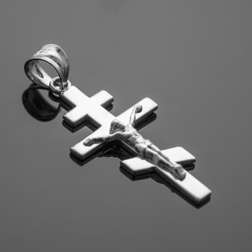 White Gold Russian Orthodox Crucifix Pendant Necklace