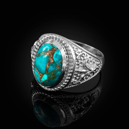 White Gold Blue Copper Turquoise Fleur-De-Lis Gemstone Ring