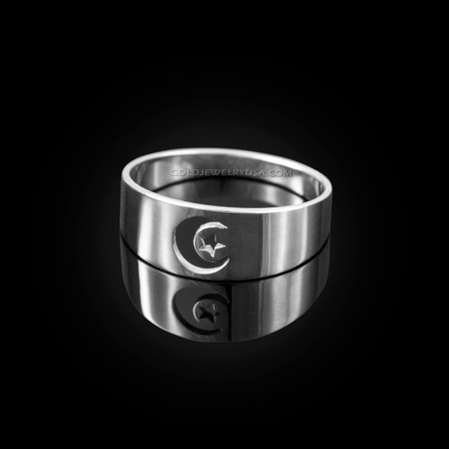 Polished White Gold Islamic Crescent Moon Ring Band