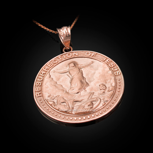 Rose Gold Resurrection of Jesus Round Medallion Pendant Necklace