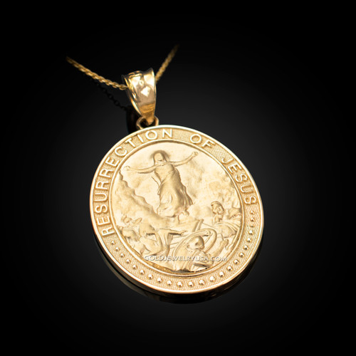 Yellow Gold Resurrection of Jesus Oval Medallion Pendant Necklace