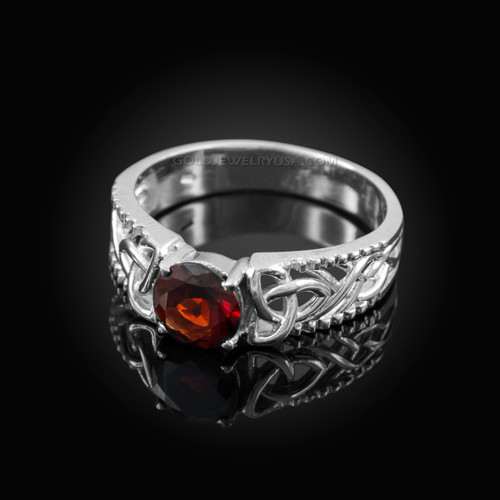 White Gold Celtic Knot Garnet Gemstone Ring