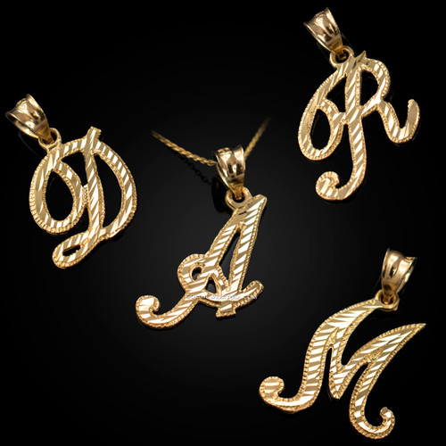 Yellow Gold Sparkle-Cut Letter Initial Script Pendant Necklace