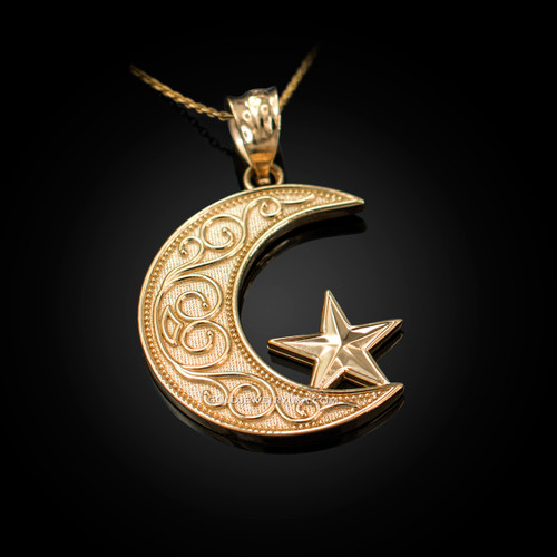 Yellow Gold Islamic Crescent Moon Pendant Necklace