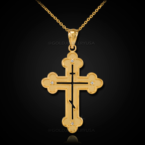 Gold Russian Eastern Orthodox Diamond Cross Pendant Necklace