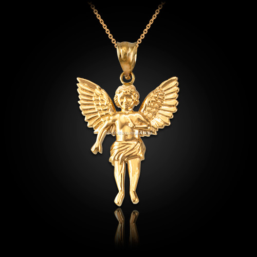 Yellow Gold Cherub Guardian Angel Pendant Necklace (S)
