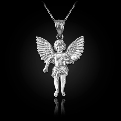 White Gold Cherub Guardian Angel Pendant Necklace (S)