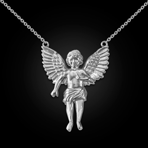 14K White Gold Cherub Guardian Angel Necklace (L)