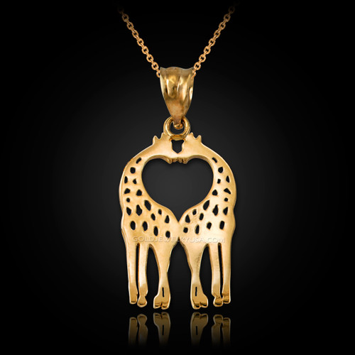 Yellow Gold Open Heart Kissing Giraffes Charm Necklace