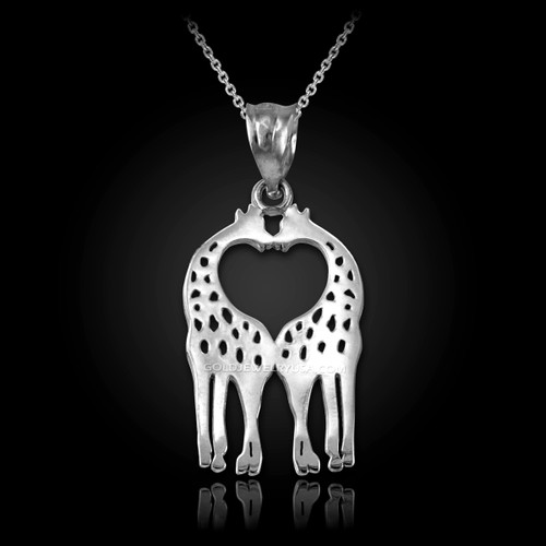 White Gold Open Heart Kissing Giraffes Charm Necklace