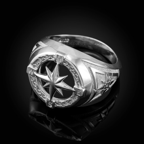 Mens White Gold Compass Ring