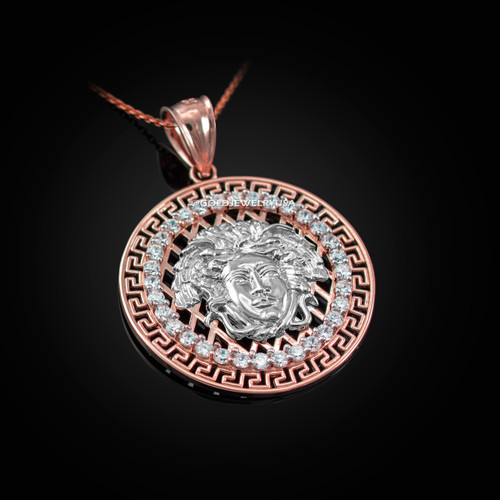 Two-Tone Rose Gold Medusa CZ Medallion Pendant Necklace