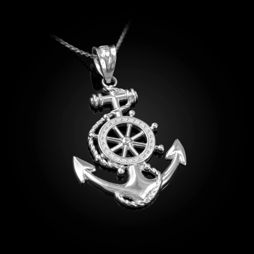White Gold Nautical Anchor Pendant Necklace