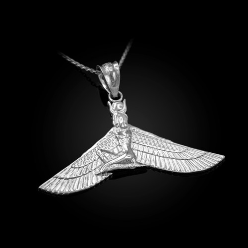 White Gold Isis Egyptian Winged Goddess Pendant Necklace