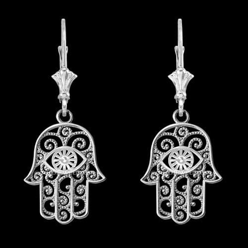 14K White Gold Filigree Hamsa Evil Eye Earrings