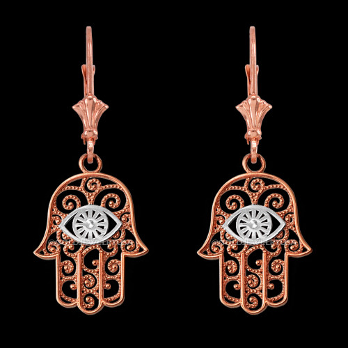 14K Two-tone Rose Gold Filigree Hamsa Evil Eye Earrings