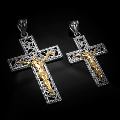 Two-Tone White and Yellow Gold Filigree Crucifix Cross DC Pendant (S/L)