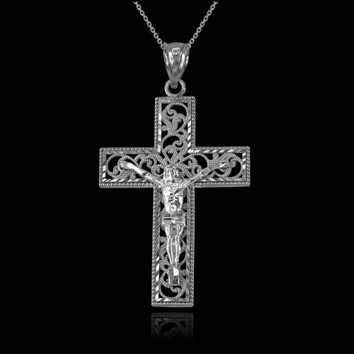 White Gold Filigree Crucifix Cross DC Pendant Necklace