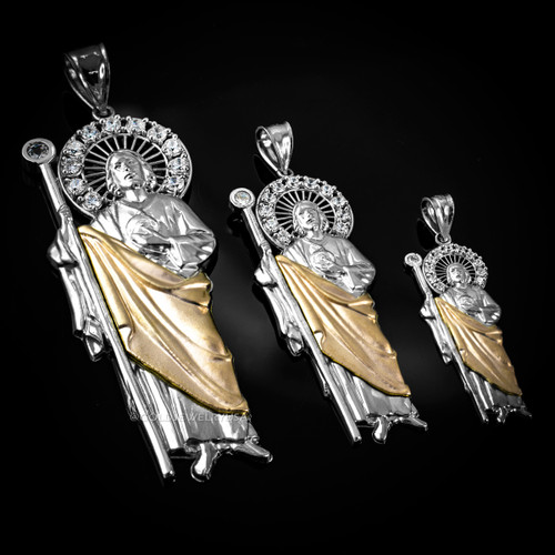 Two-Tone White and Yellow Gold St. Jude CZ Pendant (S/M/L)
