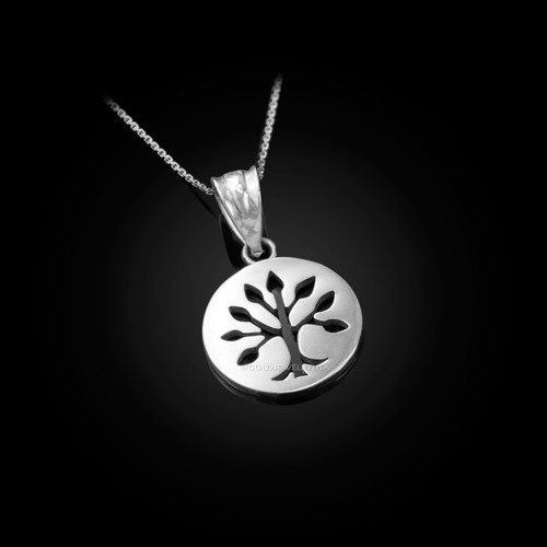White Gold Tree of Life Medallion Charm Necklace