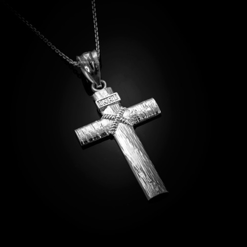 White Gold Woodgrain Rope Cross Pendant Necklace