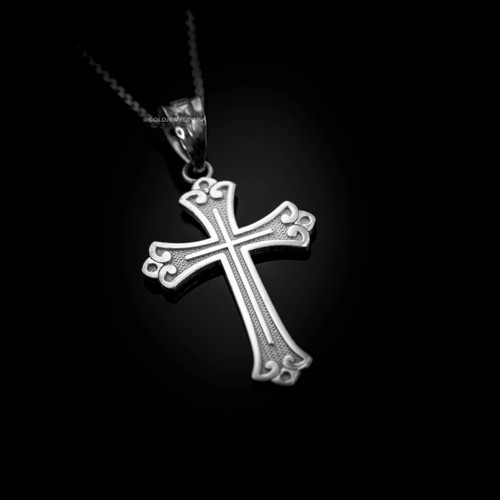 White Gold Fleur de lis Cross Religious Pendant Necklace