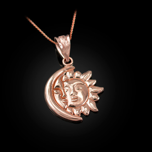 Polished Rose Gold Moon and Sun Face Celestial Pendant Necklace