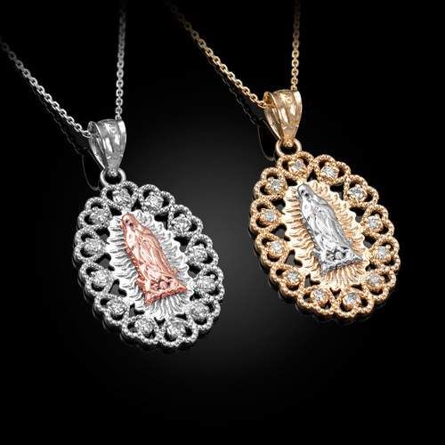 Gold Virgin Mary Lady Of Guadalupe Filigree Diamond Pendant Necklace