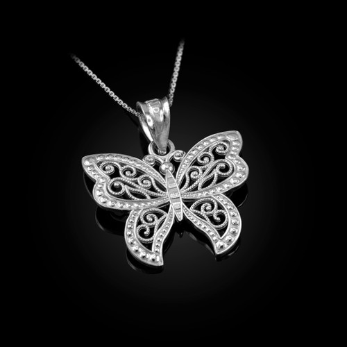 White Gold Filigree Butterfly Charm Necklace
