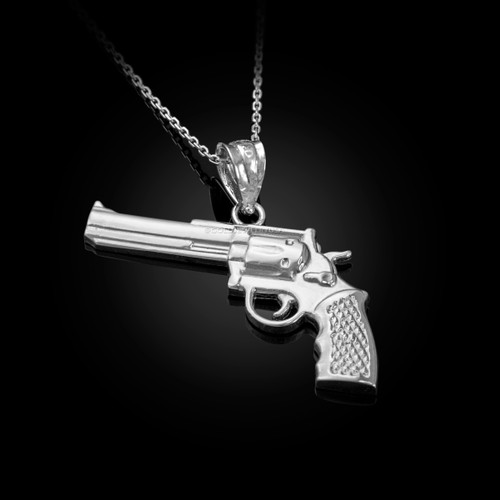 White Gold Polished Revolver Pistol Gun Pendant Necklace