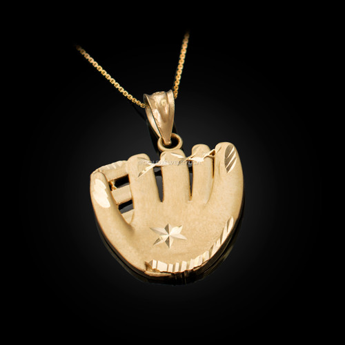 Satin DC Yellow Gold Baseball Glove Pendant Necklace