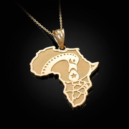 Yellow Gold Africa Map Adinkra Sankofa Pendant Necklace