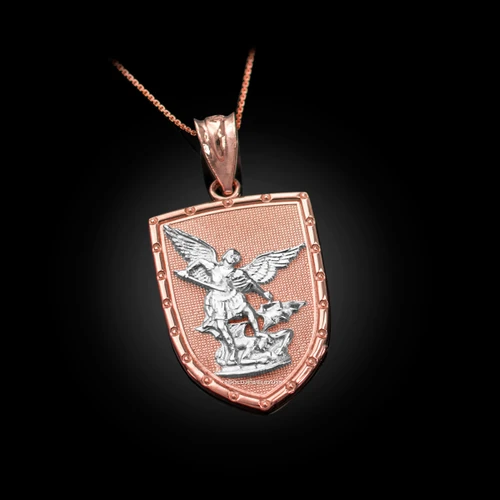 Two-Tone Rose Gold St. Michael Shield Pendant Necklace